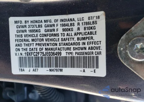 2018 Honda Civic Ex from USA, damaged, VIN 19XFC2F75JE036499
